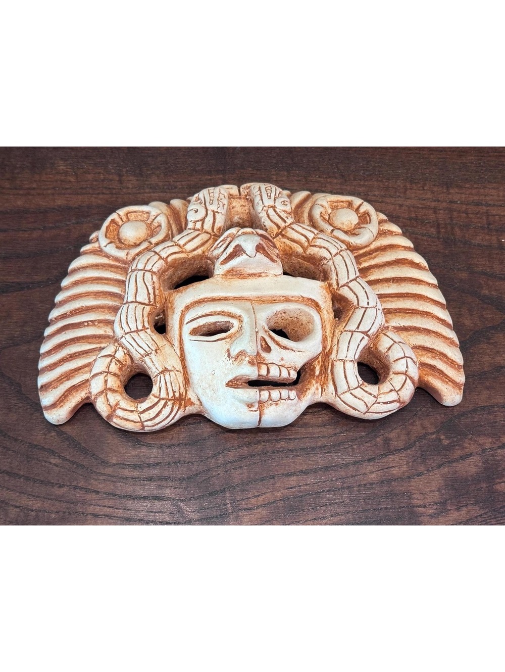 Life and Death Duality Brown Ceramic Wall Mask Aztec Inspired